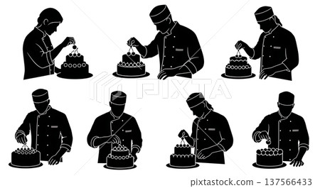 Black Solid Bakers Placing Cherries on Cakes Set of Six on White Background 137566433
