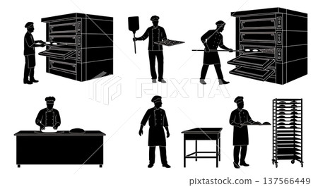 Black Solid Bakers Loading Ovens Set of Six on White Background Black Solid Bakers Loading Ovens Set of Six on White Background 137566449
