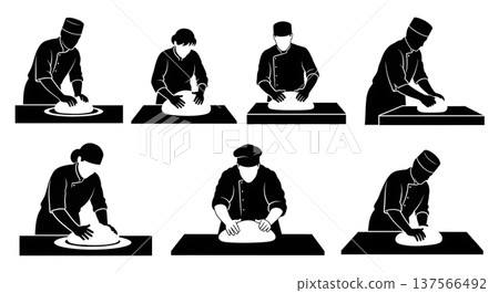 Black Solid Bakers Kneading Dough Set of Six on White Background Black Solid Bakers Kneading Dough Set of Six on White Background 137566492