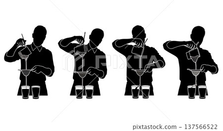 Black Solid Bartenders Split Pouring Drinks Set of Six on White Background 137566522
