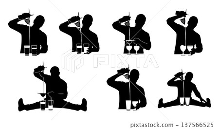 Black Solid Bartenders Split Pouring Drinks Set of Six on White Background Black Solid Bartenders Split Pouring Drinks Set of Six on White Background 137566525