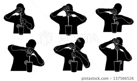 Black Solid Bartenders Squeezing Lime Wedges Set of Six on White Background Black Solid Bartenders Squeezing Lime Wedges Set of Six on White Background 137566526