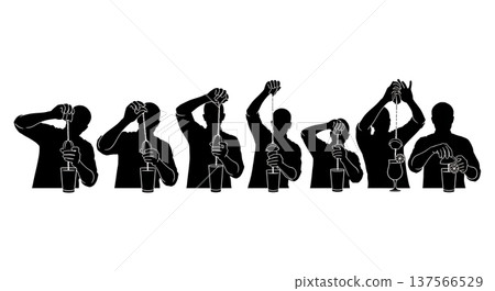 Black Solid Bartenders Squeezing Lime Wedges Set of Six on White Background Black Solid Bartenders Squeezing Lime Wedges Set of Six on White Background 137566529