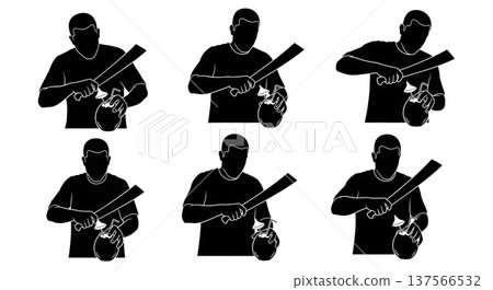 Black Solid Bartenders Slicing Coconuts Set of Six on White Background 137566532