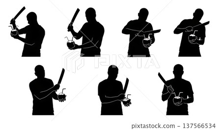 Black Solid Bartenders Slicing Coconuts Set of Six on White Background Black Solid Bartenders Slicing Coconuts Set of Six on White Background 137566534