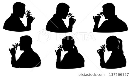 Black Solid Bartenders Smelling Herbs Set of Six on White Background Black Solid Bartenders Smelling Herbs Set of Six on White Background 137566537