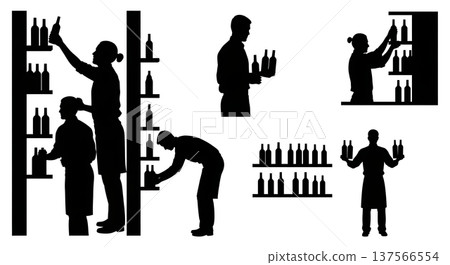 Black Solid Bartenders Restocking Bottles Set of Six on White Background 137566554