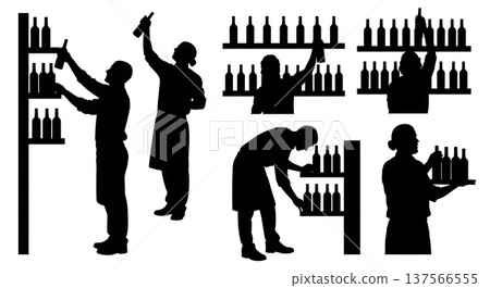 Black Solid Bartenders Restocking Bottles Set of Six on White Background 137566555