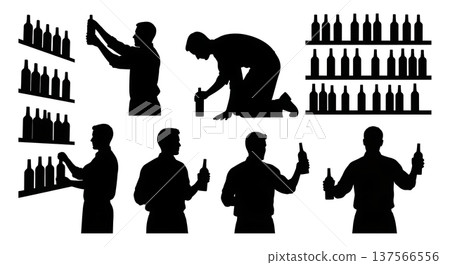 Black Solid Bartenders Restocking Bottles Set of Six on White Background Black Solid Bartenders Restocking Bottles Set of Six on White Background 137566556