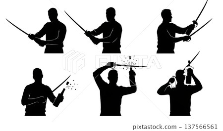 Black Solid Bartenders Sabering Champagne Set of Six on White Background Black Solid Bartenders Sabering Champagne Set of Six on White Background 137566561