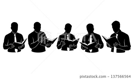 Black Solid Bartenders Reading Recipe Books Set of Six on White Background Black Solid Bartenders Reading Recipe Books Set of Six on White Background 137566564