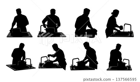 Black Solid Bakers Washing Pots Set of Six on White Background Black Solid Bakers Washing Pots Set of Six on White Background 137566595
