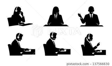 Black Solid Customer Service Agents Typing Silhouettes Set of Six 137566630