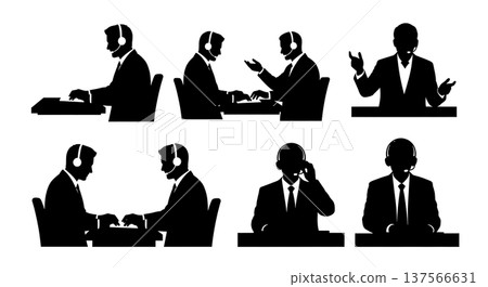 Black Solid Customer Service Agents Typing Silhouettes Set of Six 137566631
