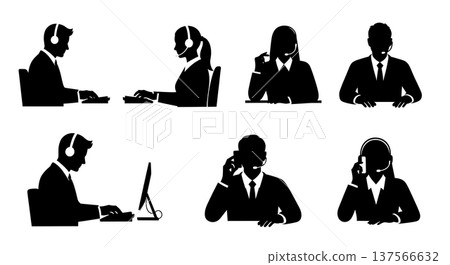 Black Solid Customer Service Agents Typing Silhouettes Set of Six 137566632