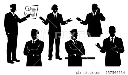Black Solid Call Center Managers Instructing Silhouettes Set of Six on White Background Black Solid Call Center Managers Instructing Silhouettes Set of Six on White Background 137566634