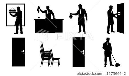 Black Solid Bartenders Placing Closed Signs Set of Six on White Background 137566642