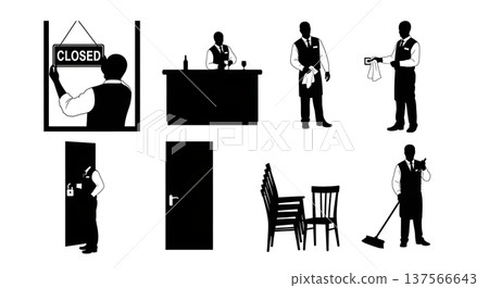 Black Solid Bartenders Placing Closed Signs Set of Six on White Background 137566643