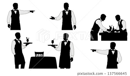 Black Solid Bartenders Pointing Directions Set of Six on White Background 137566645