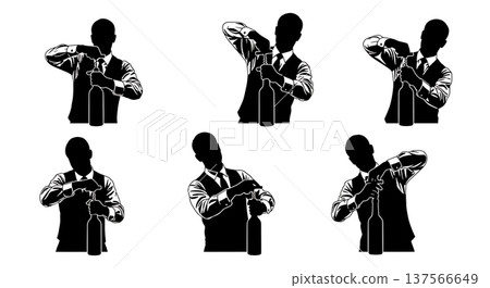 Black Solid Bartenders Opening Wine Bottles Set of Six on White Background 137566649