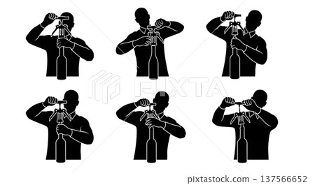 Black Solid Bartenders Opening Wine Bottles Set of Six on White Background 137566652