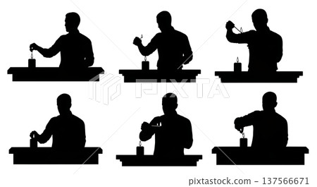 Black Solid Bartenders Lighting Candles Set of Six on White Background Black Solid Bartenders Lighting Candles Set of Six on White Background 137566671