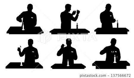 Black Solid Bartenders Lighting Candles Set of Six on White Background Black Solid Bartenders Lighting Candles Set of Six on White Background 137566672