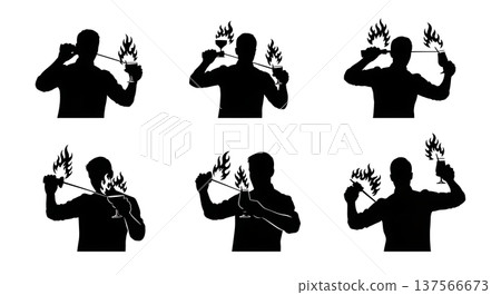 Black Solid Bartenders Lighting Flaming Drinks Set of Six on White Background Black Solid Bartenders Lighting Flaming Drinks Set of Six on White Background 137566673