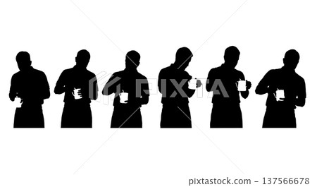 Black Solid Baristas Adjusting Steam Wand Silhouettes Set of Six on White Background Black Solid Baristas Adjusting Steam Wand Silhouettes Set of Six on White Background 137566678