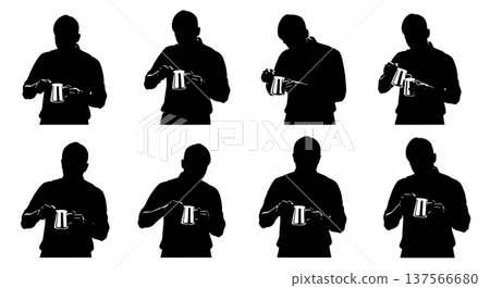 Black Solid Baristas Adjusting Steam Wand Silhouettes Set of Six on White Background Black Solid Baristas Adjusting Steam Wand Silhouettes Set of Six on White Background 137566680