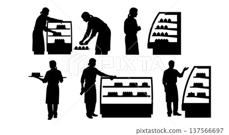 Black Solid Bakery Showroom Staff Arranging Cakes Set of Six on White Background 137566697
