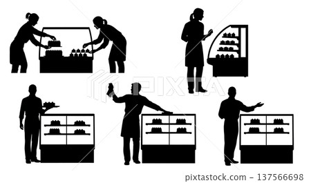 Black Solid Bakery Showroom Staff Arranging Cakes Set of Six on White Background Black Solid Bakery Showroom Staff Arranging Cakes Set of Six on White Background 137566698
