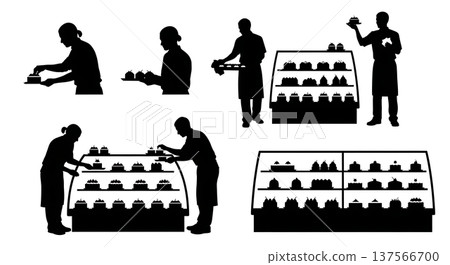 Black Solid Bakery Showroom Staff Arranging Cakes Set of Six on White Background 137566700