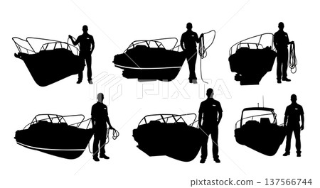 Black Solid Boat Showroom Sales Pros Set of Six on White Background Black Solid Boat Showroom Sales Pros Set of Six on White Background 137566744