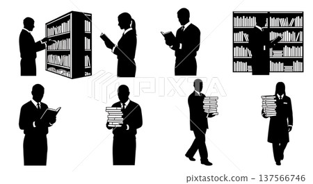 Black Solid Bookstore Sales Clerks Shelving Set of Six on White Background Black Solid Bookstore Sales Clerks Shelving Set of Six on White Background 137566746