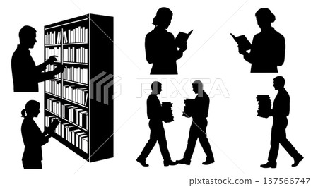 Black Solid Bookstore Sales Clerks Shelving Set of Six on White Background Black Solid Bookstore Sales Clerks Shelving Set of Six on White Background 137566747
