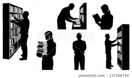 Black Solid Bookstore Sales Clerks Shelving Set of Six on White Background Black Solid Bookstore Sales Clerks Shelving Set of Six on White Background 137566748