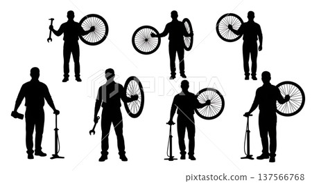 Black Solid Bicycle Shop Sales Mechanics Set of Six on White Background 137566768