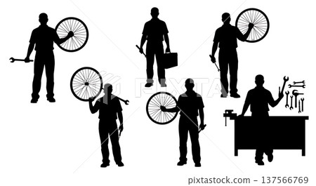 Black Solid Bicycle Shop Sales Mechanics Set of Six on White Background 137566769