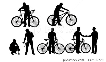 Black Solid Bicycle Showroom Mechanics Adjusting Set of Six on White Background 137566770