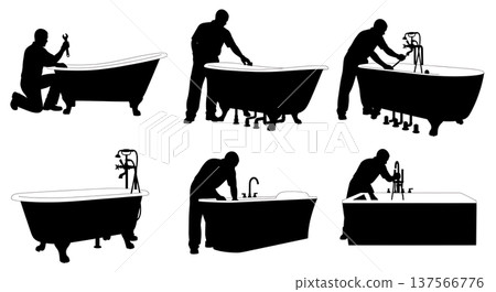 Black Solid Bathtub Showroom Plumbers Connecting Set of Six on White Background 137566776