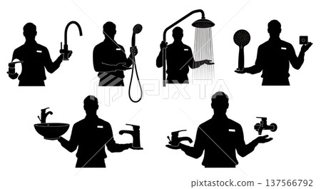 Black Solid Bathroom Fixture Showroom Attendants Set of Six on White Background 137566792