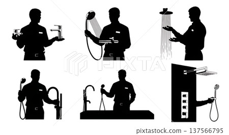 Black Solid Bathroom Fixture Showroom Attendants Set of Six on White Background 137566795