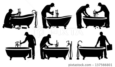 Black Solid Bathtub Showroom Plumbers Connecting Set of Six on White Background Black Solid Bathtub Showroom Plumbers Connecting Set of Six on White Background 137566801