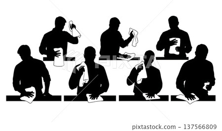 Black Solid Bartenders Wiping Bar Counters Set of Six on White Background Black Solid Bartenders Wiping Bar Counters Set of Six on White Background 137566809