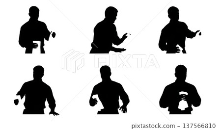Black Solid Bartenders Wiping Bar Counters Set of Six on White Background Black Solid Bartenders Wiping Bar Counters Set of Six on White Background 137566810