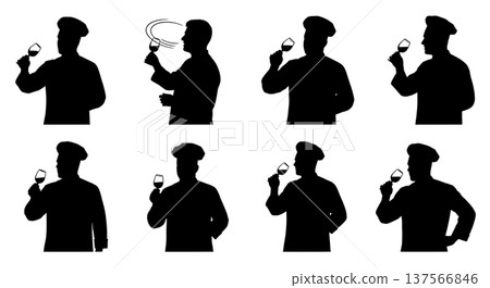 Black Solid Chef Holding Wine Silhouettes Set of Six 137566846