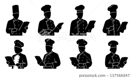 Black Solid Chef Holding Menu Silhouettes Set of Six Black Solid Chef Holding Menu Silhouettes Set of Six 137566847