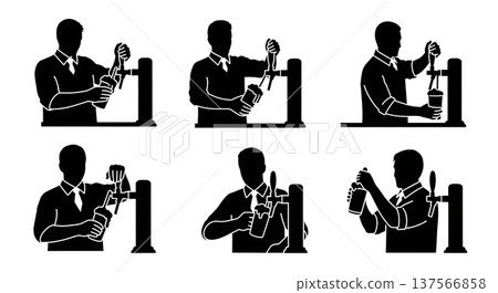 Black Solid Bartenders Waiting for Beer Foam Set of Six on White Background Black Solid Bartenders Waiting for Beer Foam Set of Six on White Background 137566858