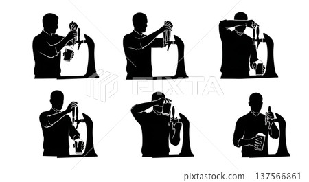 Black Solid Bartenders Waiting for Beer Foam Set of Six on White Background Black Solid Bartenders Waiting for Beer Foam Set of Six on White Background 137566861